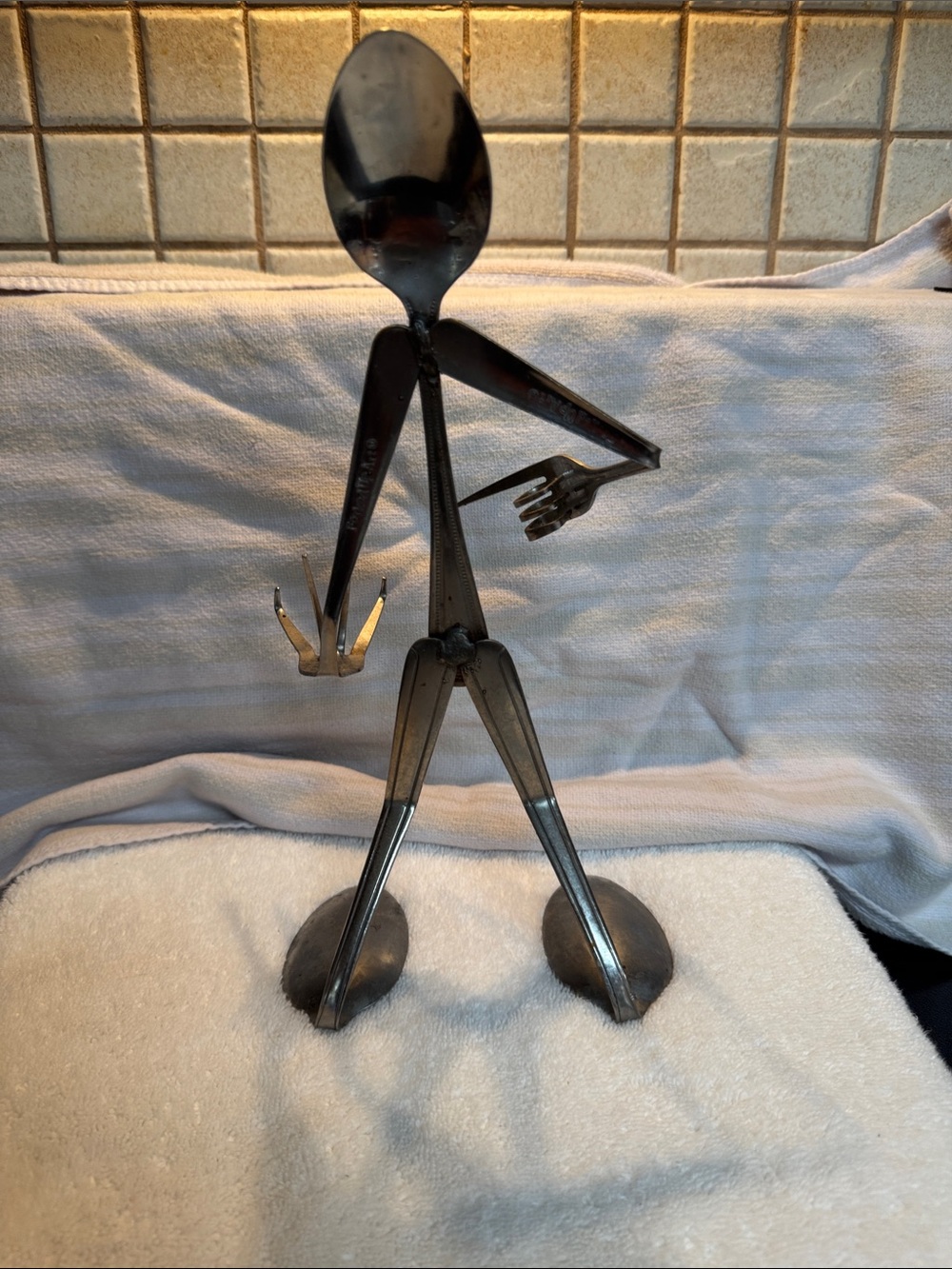 Unique One Of A Kind Silver Metal Spoon & Fork Figurine Sculpture Handcrafted